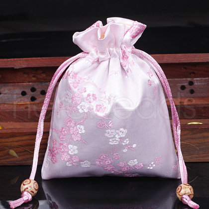 Chinese Style Flower Pattern Satin Jewelry Packing Pouches PW-WG37271-28-1