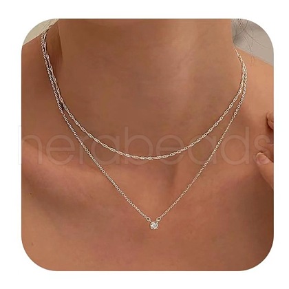 2Pcs Brass Clear Cubic Zirconia Double Layer Pendant Necklaces WGAA16F-08-1