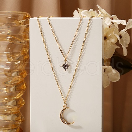 Double-Layer Alloy Crystal Rhinestone Moon Star Pendant Necklaces WG81F5F-01-1
