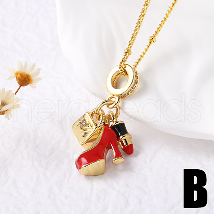 Brass Micro Pave Clear Cubic Zirconia Enamel Pendant Necklaces FS-WG967EC-02-1