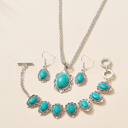 Bohemian Style Oval Synthetic Turquoise Pendant Necklace & Dangle Earrings & Link Bracelets FS-WGA6DB3-01-1