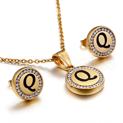 Flat Round with Letter Pattern 304 Stainless Steel Crystal Rhinestone Pendant Necklace & Stud Earring FS-WG33EDD-17-1