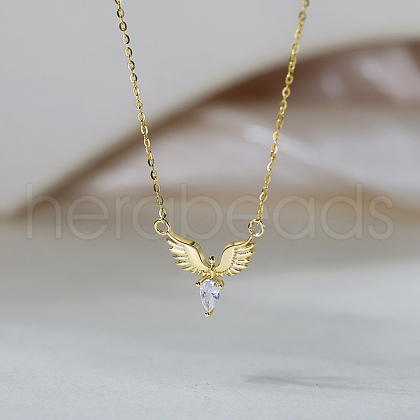 925 Sterling Silver Pave 5A Clear Cubic Zirconia Teardrop with Wings Pendant Necklaces for Women NJEW-C087-05G-1