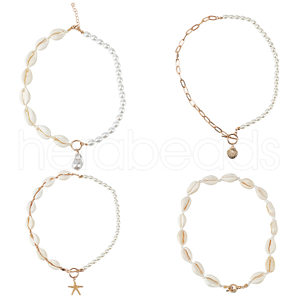 ANATTASOUL 4Pcs 4 Style Natural Shell & Imitation Pearl Beaded Necklaces Set NJEW-AN0001-53-1