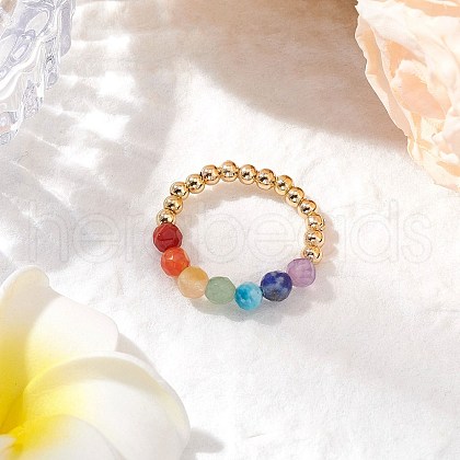 Natural Amethyst & Natural Lapis Lazuli & Natural Apatite & Natural Green Aventurine & Natural Citrine & Brass Beads Chakra Rings RJEW-TA00185-01-1