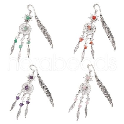 Alloy Sun & Woven Net/Web with Feather Charms Bookmarks AJEW-JK00368-1