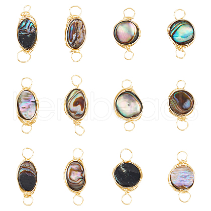 12Pcs 2 Styles Natural Abalone Shell/Paua Shell Copper Wire Wrapped Connector Charms PALLOY-AB00261-1