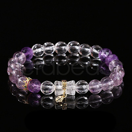 Natural Amethyst & Quartz Crystal Round Beads Stretch Bracelets WGD3ECB-02-1
