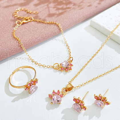 Cat Paw Print Alloy Pave Cubic Zirconia Pendant Necklaces & Stud Earring & Ring & Link Bracelets Sets for Women FS-WGC55DF-01-1