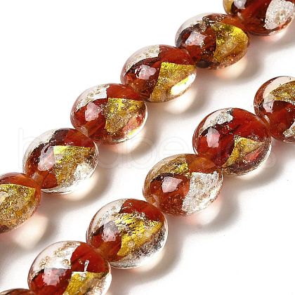 Handmade Gold Foil and Silver Foil Lampwork Flat Round Beads FOIL-C001-02D-1