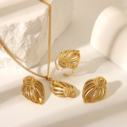 French Style Hollow Leaf Stainless Steel Stud Earrings & Pendant Necklaces & Cuff Rings Sets for Women YL4840-1-1