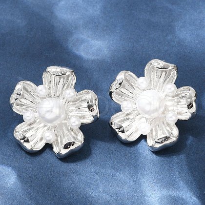 Flower Brass ABS Imitation Pearl Stud Earrings EJEW-M082-08P-1
