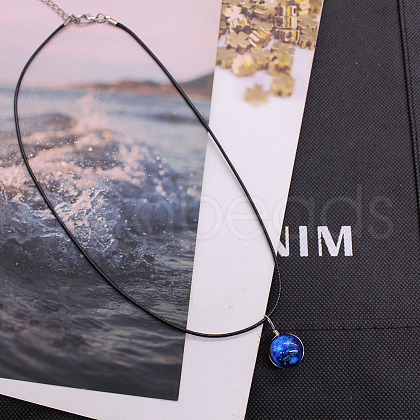 Luminous Zinc Alloy & Glass Flat Round with Constellation Pendant Black Korean Waxed Cord Necklaces WG08639-11-1