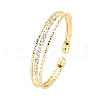 Brass Micro Pave Clear Cubic Zirconia 3-Line Open Cuff Bangles for Women BJEW-M312-06G-1