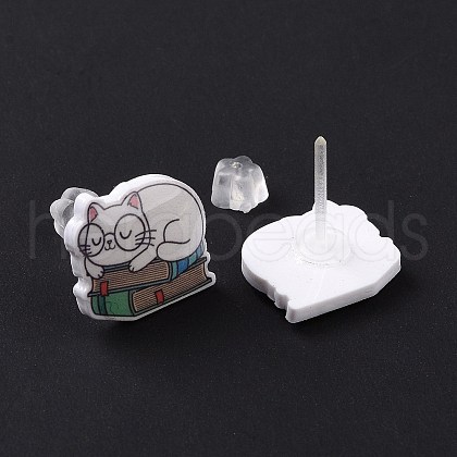 Acrylic Cat Stud Earrings with Platic Pins for Women EJEW-F293-04B-1
