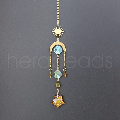 Natural Tiger Eye Star Sun Catcher Hanging Ornaments with Brass Sun HJEW-PW0002-13E-1
