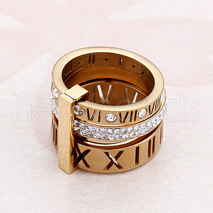Roman Numerals 304 Stainless Steel & Crystal Rhinestone Finger Rings FS-WGD9A22-47-1
