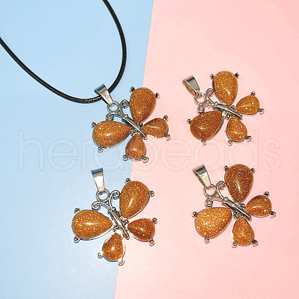 Butterfly Alloy Pave Synthetic Goldstone Pendant Imitation Leather Cord Necklaces FS-WG1163A-09-1