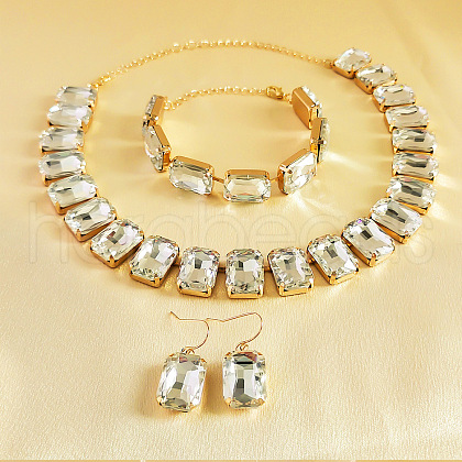 Alloy & Glass Rectangle Link Chain Necklaces & Bracelet & Dangle Earrings Sets FS-WGC2D75-01-1