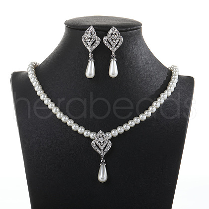 Alloy Rhinestone & Plastic Pearl Pendant Necklaces & Stud Dangle Earrings Sets FS-WGE3E8B-01-1