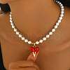 Round Shell Pearl Beaded Brass Red Enamel Heart Pendant Necklaces for Women VQ1969-1-2