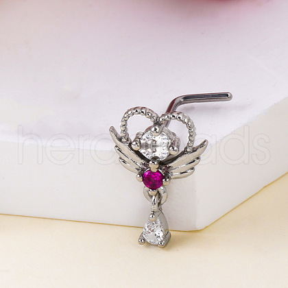 Bohemian Style 304 Stainless Steel Pave Deep Pink Cubic Zirconia L-Shaped Nose Rings FS-WG96CDA-07-1