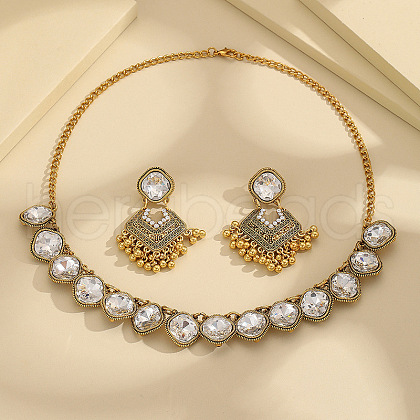 Rhombus Alloy Glass Pendant Necklaces & Stud Dangle Earrings Sets FS-WGB4838-03-1