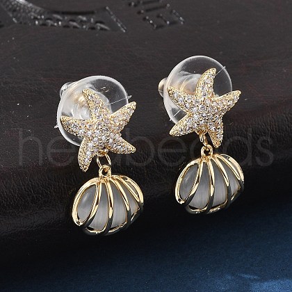 Shell Shape Brass Clear Cubic Zirconia Stud Earrings EJEW-D301-02G-1