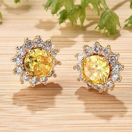 Flower Brass Micro Pave Clear Cubic Zirconia Stud Earrings for Women EJEW-G428-17G-1