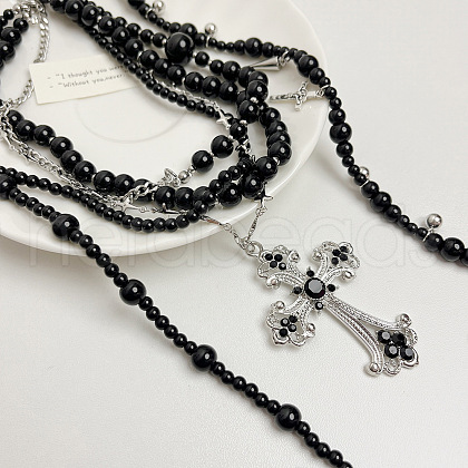 Gothic Cross Alloy & Plastic Imitation Pearl Pendant Multi Layered Necklaces for Women FS-WG7611B-01-1