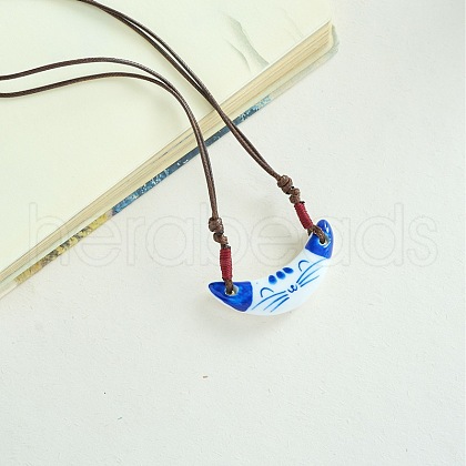 Porcelain Pendant Adjustable Imitation Leather Cord Necklaces for Women FS-WGE6687-09-1