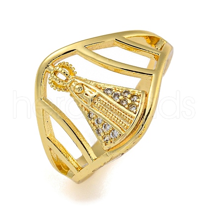 Virgin Mary Hollow Brass Micro Pave Cubic Zirconia Open Cuff Rings for Women RJEW-Z050-19G-1