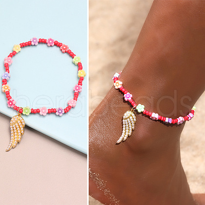 Alloy Wing Charm Glass Seed Beaded Stretch Anklets for Beach Party WG08358-04-1