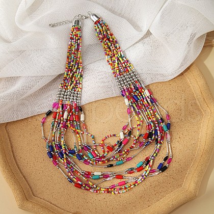 Bohemia Style Glass Seed Bead Multi-strand Necklaces NJEW-H063-01P-01-1