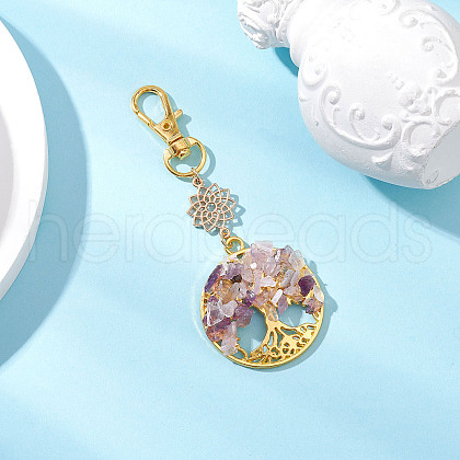 Natural Amethyst Chips Beads & Alloy Tree of Life Pendant Decorations HJEW-JM03129-01-1