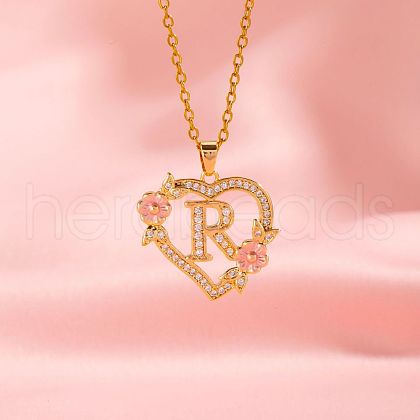 Brass Crystal Rhinestone Hollow Rose Heart with Letter Pendant Necklaces for Women WGC1928-18-1