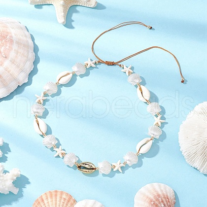 Summer Synthetic Turquoise Starfish & Natural Cowrie Shell & White Imitation Pearl Adjustable Beaded Necklaces NJEW-JN05270-03-1