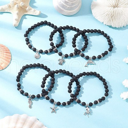 6Pcs Natural Lava Rock Beads Stretch Bracelets BJEW-JB11992-1