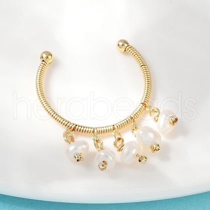 Brass Natural Freshwater Pearl Adjustable Open Cuff Rings for Women RJEW-U064-01G-1