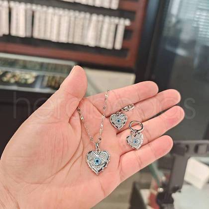Heart with Eye Pattern 304 Stainless Steel Micro Pave Cubic Zirconia Pendant Necklace & Hoop Earrings Sets FS-WGB58AC-06-1