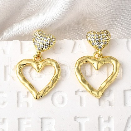Hollow Heart Brass Micro Pave Clear Cubic Zirconia Dangle Stud Earrings EJEW-Z099-02G-02-1