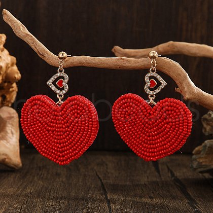 Bohemian Style Handmade Glass Seed Beads Heart Dangle Stud Earrings KE8893-3-1