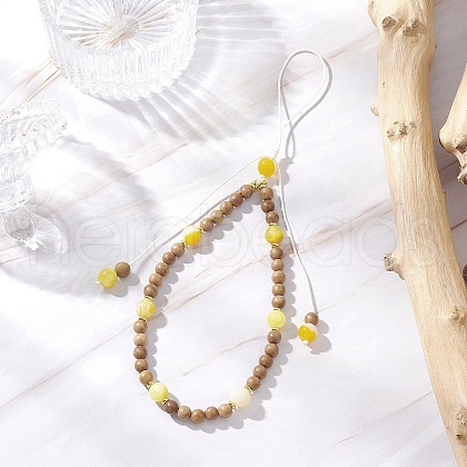 Dyed Natural Banded Agate & Wood Round Beaded Phone Hand Strap Chains HJEW-JM03365-01-1