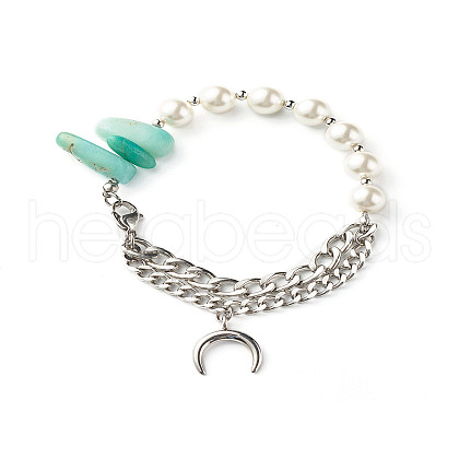Natural Amazonite & Shell Pearl Beaded Bracelet for Girl Women X1-BJEW-TA00022-1