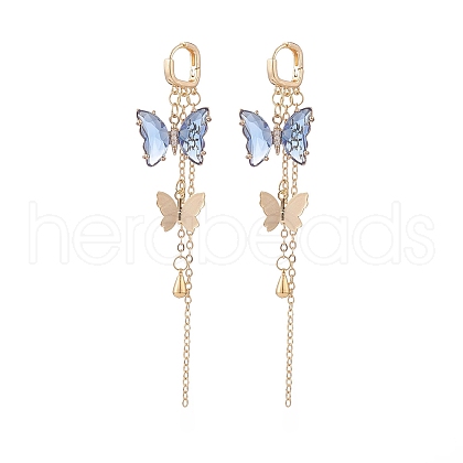 Glass Butterfly Dangle Hoop Earrings with Clear Cubic Zirconia EJEW-TA00153-01-1