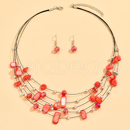 Bohemian Style Alloy & Shell Nuggets Beaded Multilayer Necklaces & Dangle Earrings Sets FS-WG9A8A7-06-1