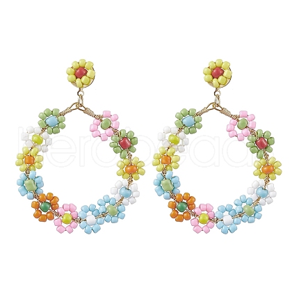 Woven Flower Glass Seed Beads Dangle Earrings EJEW-JE05816-1