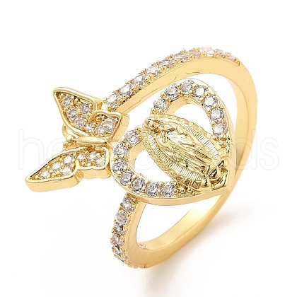 Clear Cubic Zirconia Heart Virgin Mary with Butterfly Open Cuff Ring RJEW-E064-05G-1