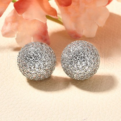 Half Round Brass Micro Pave Clear Cubic Zirconia Stud Earrings EJEW-C126-05P-1