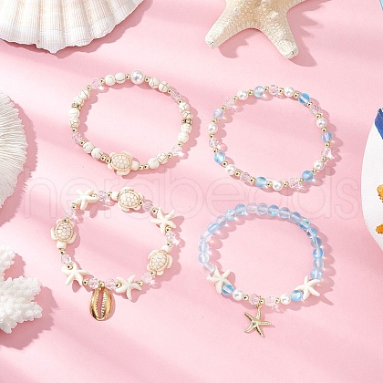 4Pcs 4 Styles Shell Pearl & Glass & Synthetic Turquoise & Synthetic Moonstone Beads Stretch Bracelets & 304 Stainless Steel Charm Bracelets for Women BJEW-JB11996-02-1
